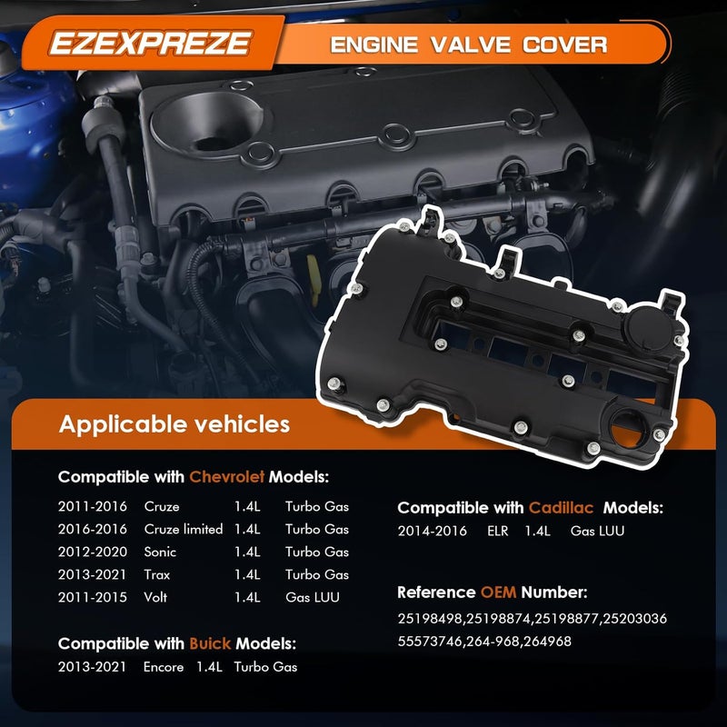 E EZEXPREZE Ezexpreze Engine Valve Cover kit w/Gaskets & Bolts Compatible with 2011-2020 Chevrolet Chevy Cruze Sonic Volt Trax Buick Encore Cadilla.c ELR 1.4L L4 Replaces # 25198874 55573746 264-968 - Image 2
